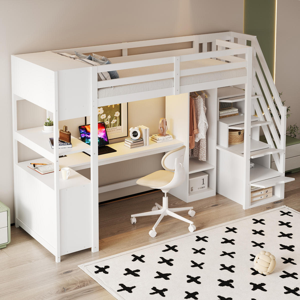 HOCHBETT 90/200 cm mit Schreibtisch, Kleiderschrank, Stauraumtreppe, LED und Steckdose aus , Weiß - Weiß, Holzwerkstoff (90/200cm) - Redom