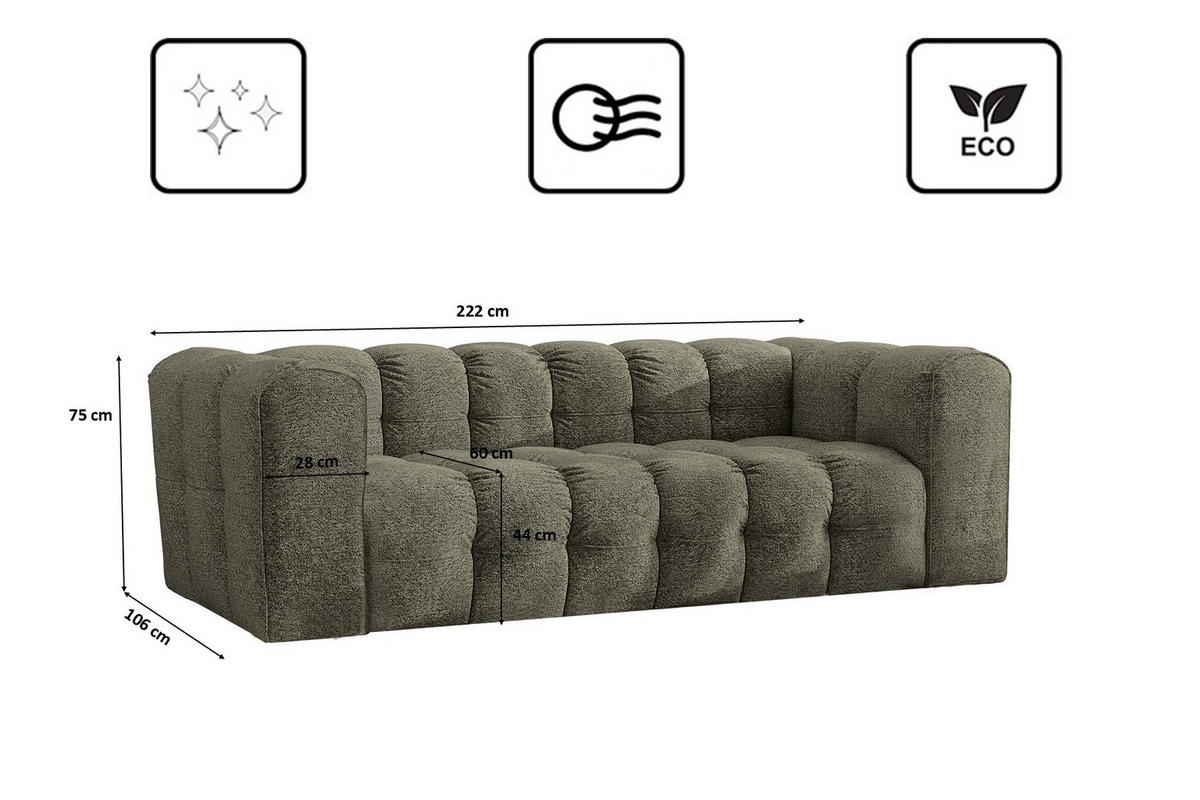 SOFA 3-Sitzer, Komfort, BALOO, Stoff Schenille & Bouclé, Grün - Grün, Holz (222/75/106cm) - Kaiser Möbel