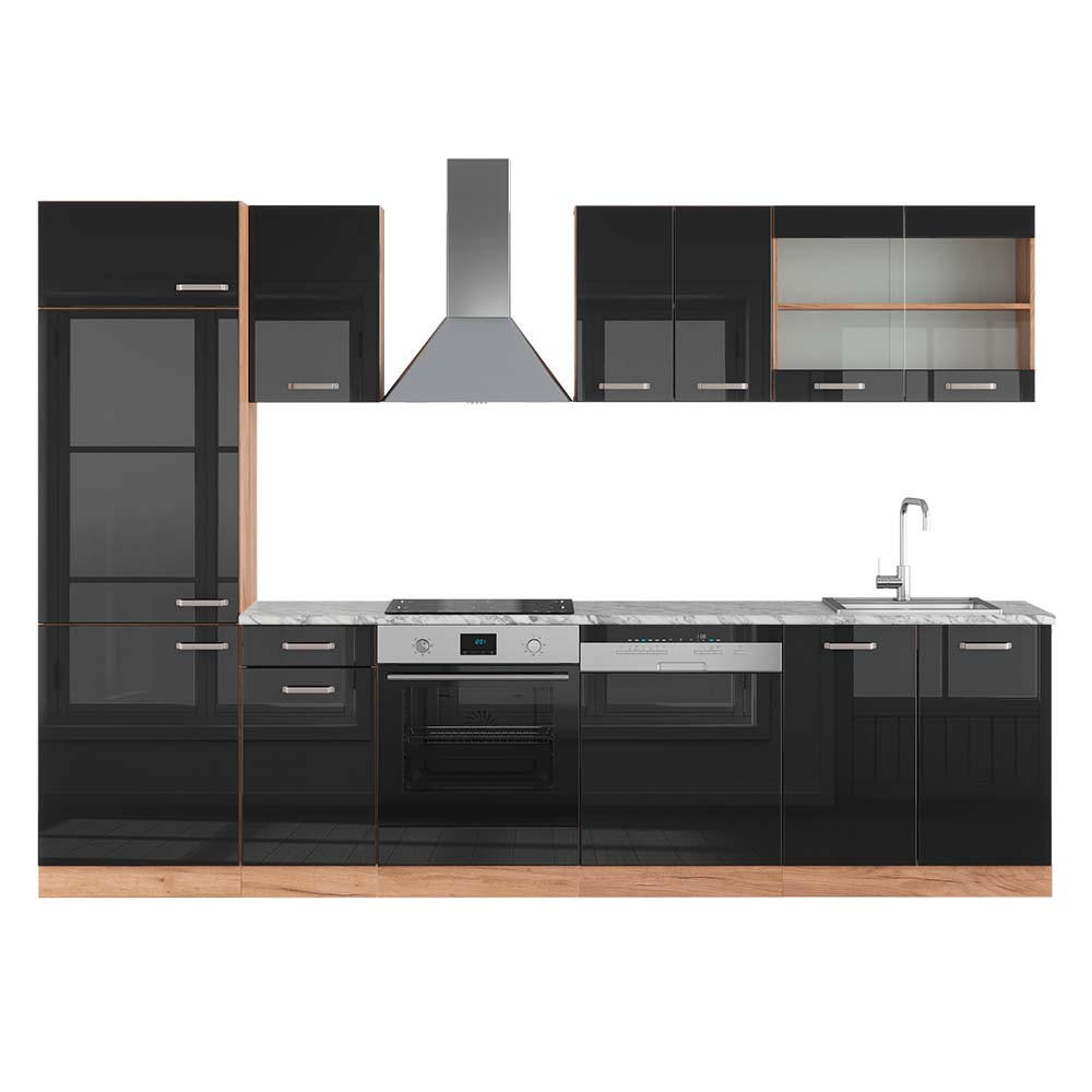 KÜCHE R-Line Schwarz Hochglanz/Goldkraft Eiche 300 cm, AP Marmor - Schwarz Hochglanz/Eiche Wotan, Holzwerkstoff (300/81.6/60cm) - Vicco