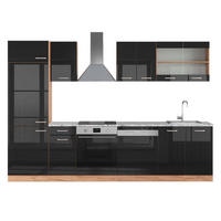 KÜCHE R-Line Schwarz Hochglanz/Goldkraft Eiche 300 cm, AP Marmor - Honigeiche/Schwarz Hochglanz, Holzwerkstoff (300/81.6/60cm) - Vicco
