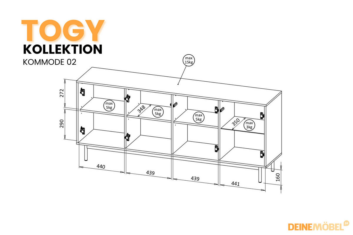 KOMMODE TOGY 02 184 cm breit in Kaschmir / Geölter Eiche mit LED Beleuchtung - Kaschmir/Eichefarben, Holzwerkstoff (184/77/40cm) - Deine Möbel 24