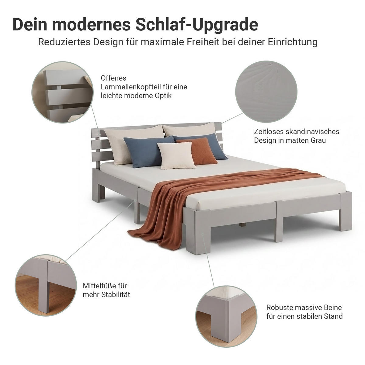 HOLZBETT mit Matratze 180/200 cm Doppelbett Grau - Grau, Holz (180/200cm) - Homestyle4u