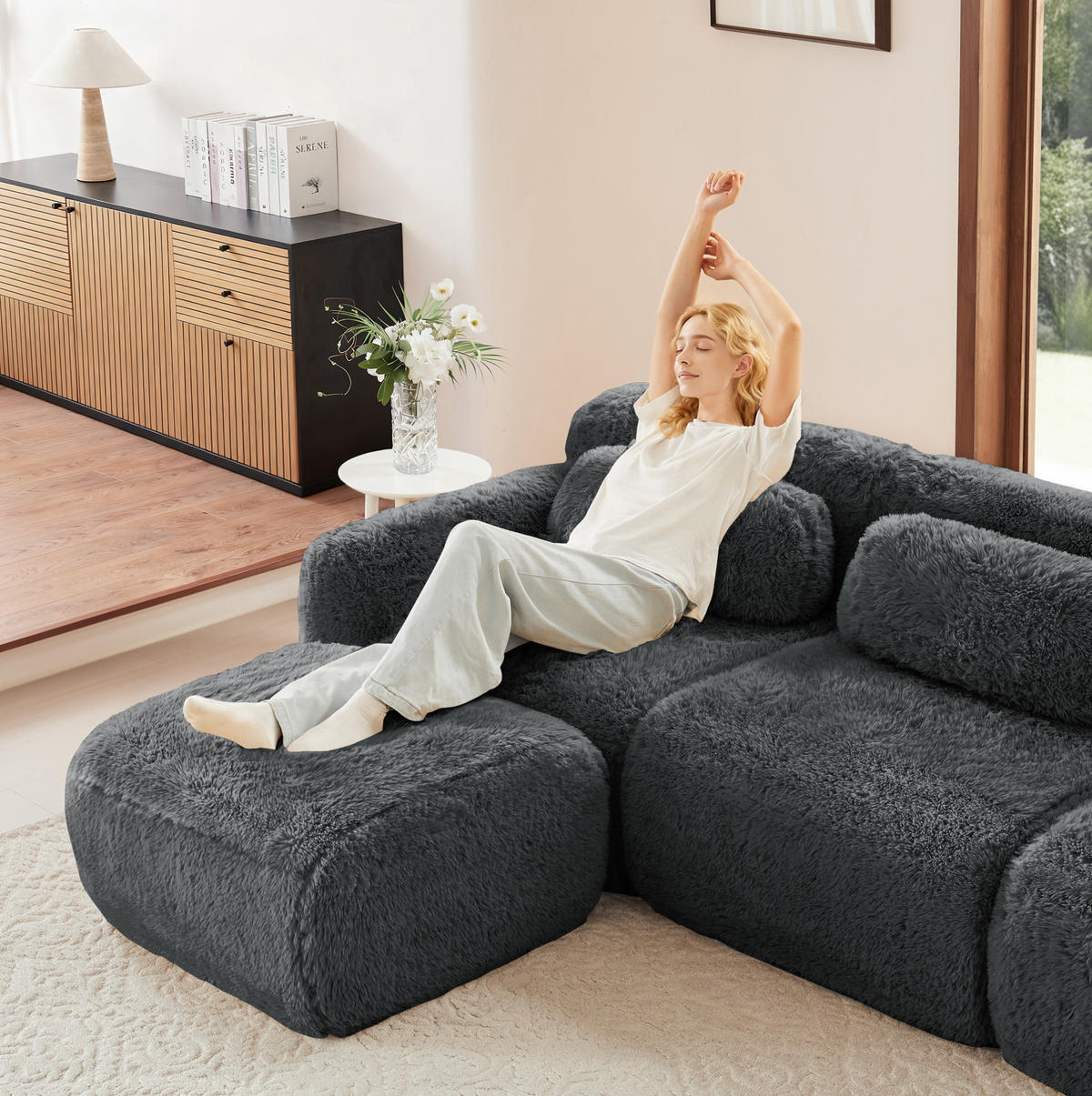 ECKSOFA aus Plüsch in Grau mit modularem Design - Grau, Textil (179/73/291cm) - Modfu