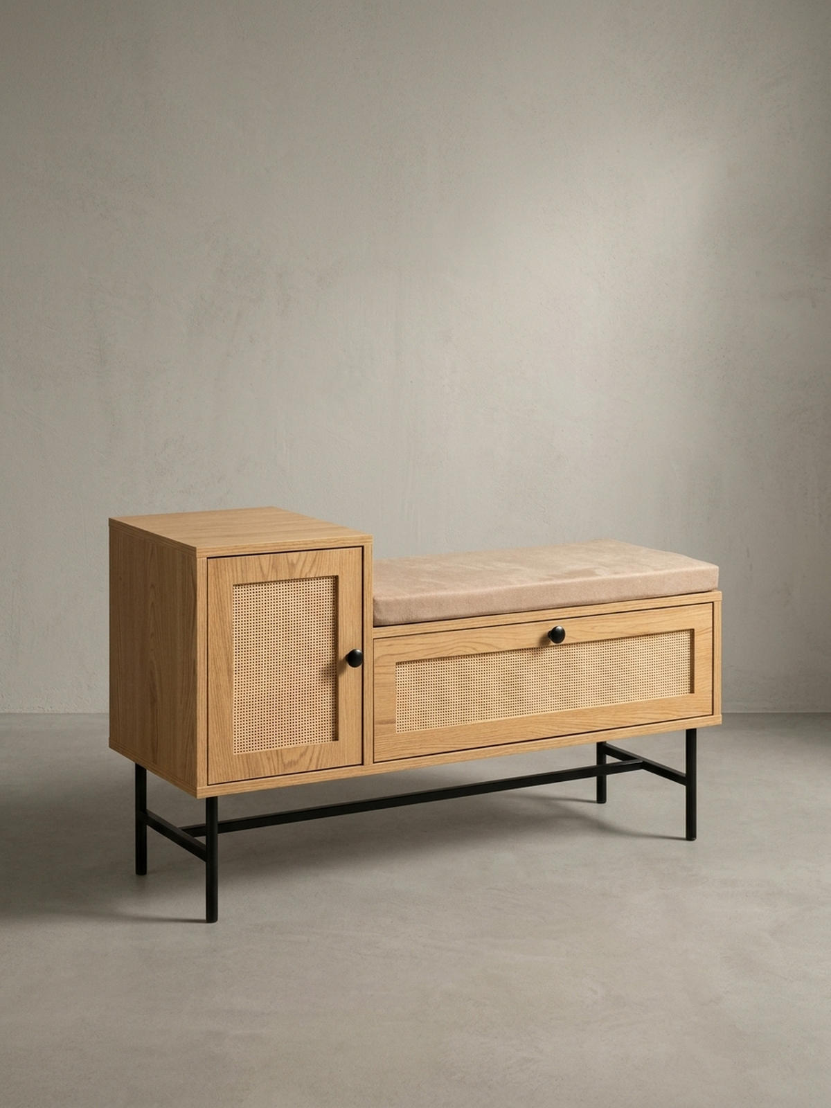 SCHUHBANK – Eiche-Dekor, 100x60x38 cm, Rattan-Elemente, gepolstert, mit Stauraum - Beige/Schwarz, Textil/Metall (100/60/38cm) - KADIMA DESIGN
