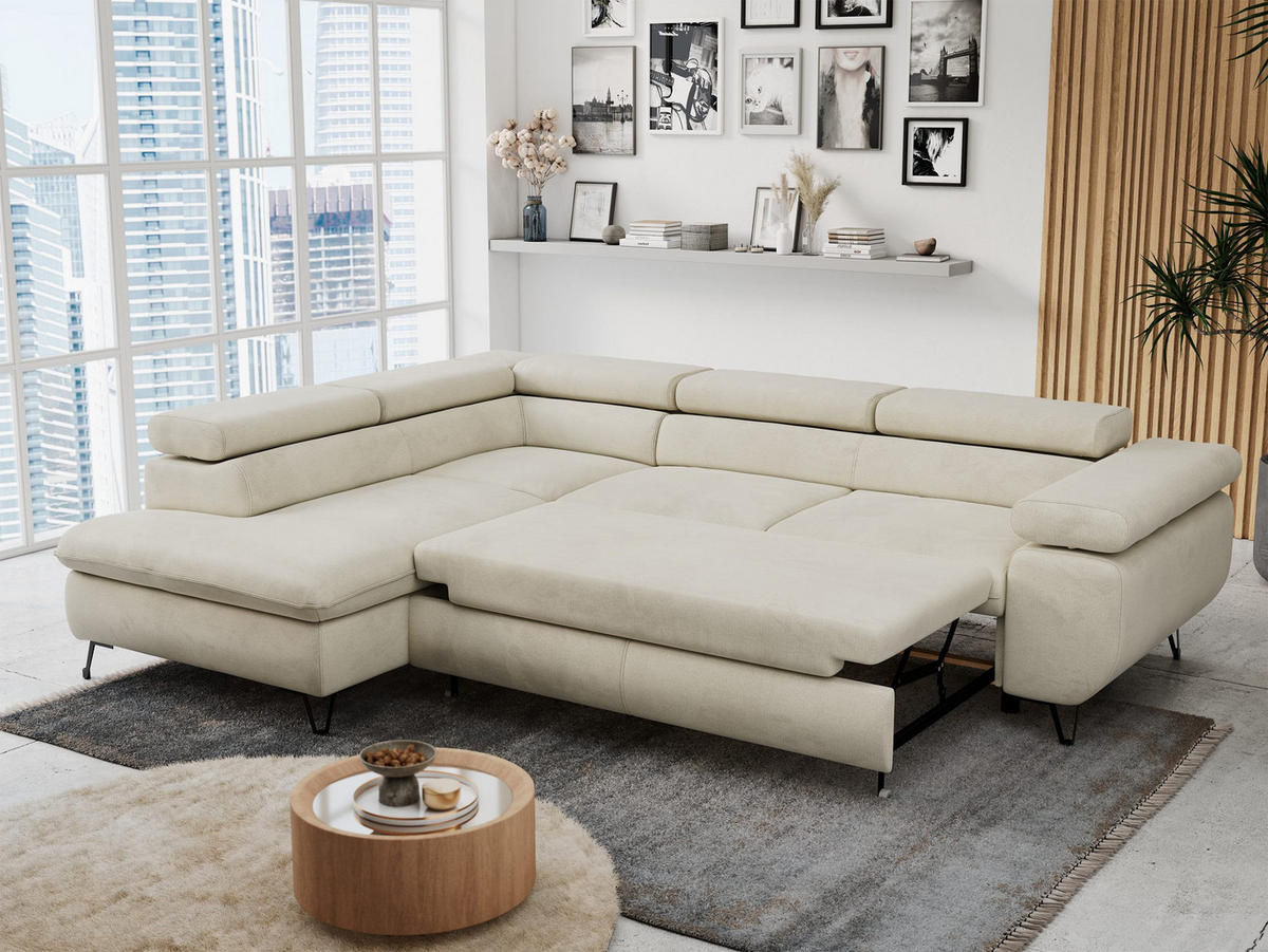 ECKSOFA PETER L Beige Velvet - Links Seite - Beige/Schwarz, Textil/Metall (208/273cm) - MKS