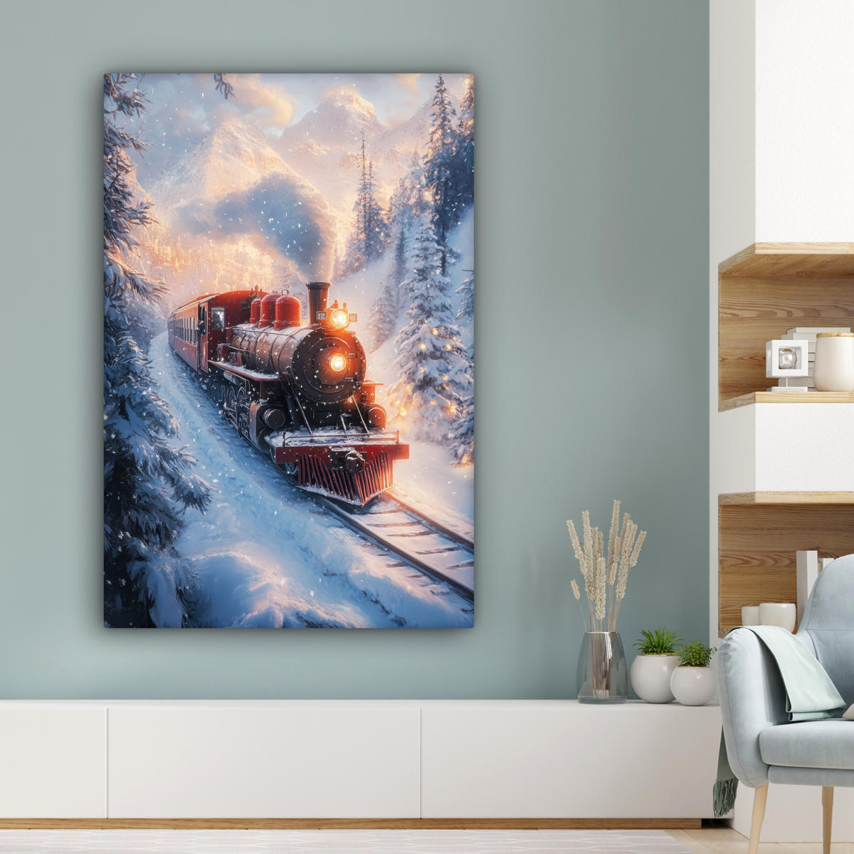 LEINWANDBILD Weihnachtszug - Schnee - Winter - Weihnachten 80x120 cm - Dunkelrot, Textil (80/120cm) - MuchoWow