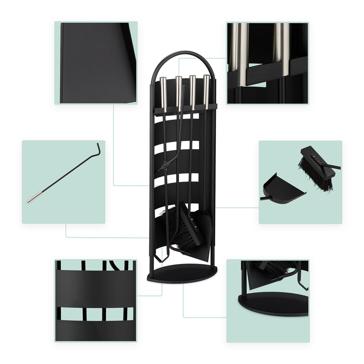 KAMINBESTECK-SET 5-tlg. - Schwarz, Metall (23/66/15cm) - Relaxdays