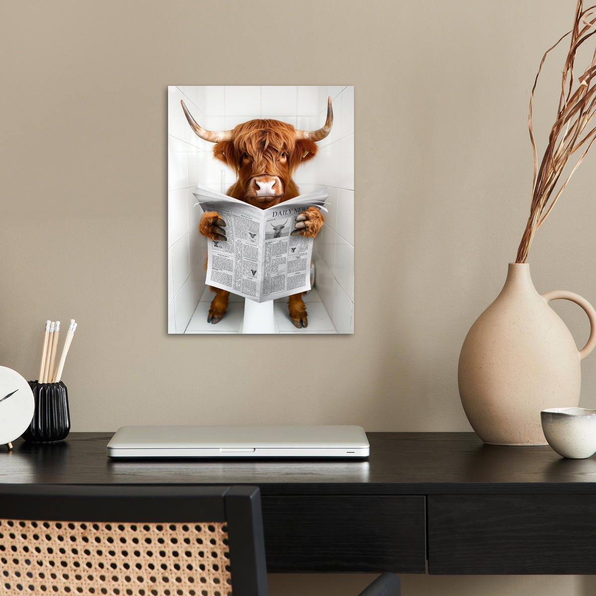 POSTER Schottisches Hochlandrind - Tier - Zeitung - Toilette 30x40 cm - Kastanienfarben, Papier (30/40/0.1cm) - MuchoWow