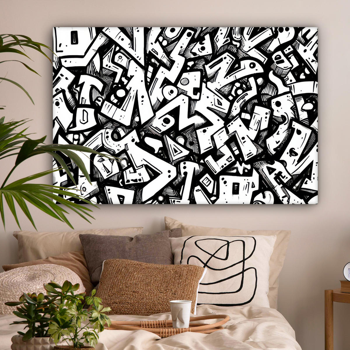 LEINWANDBILD Formen - Buchstaben - Graffiti - Schwarz Groß 140x90 cm - Schwarz, Textil (140/90cm) - MuchoWow