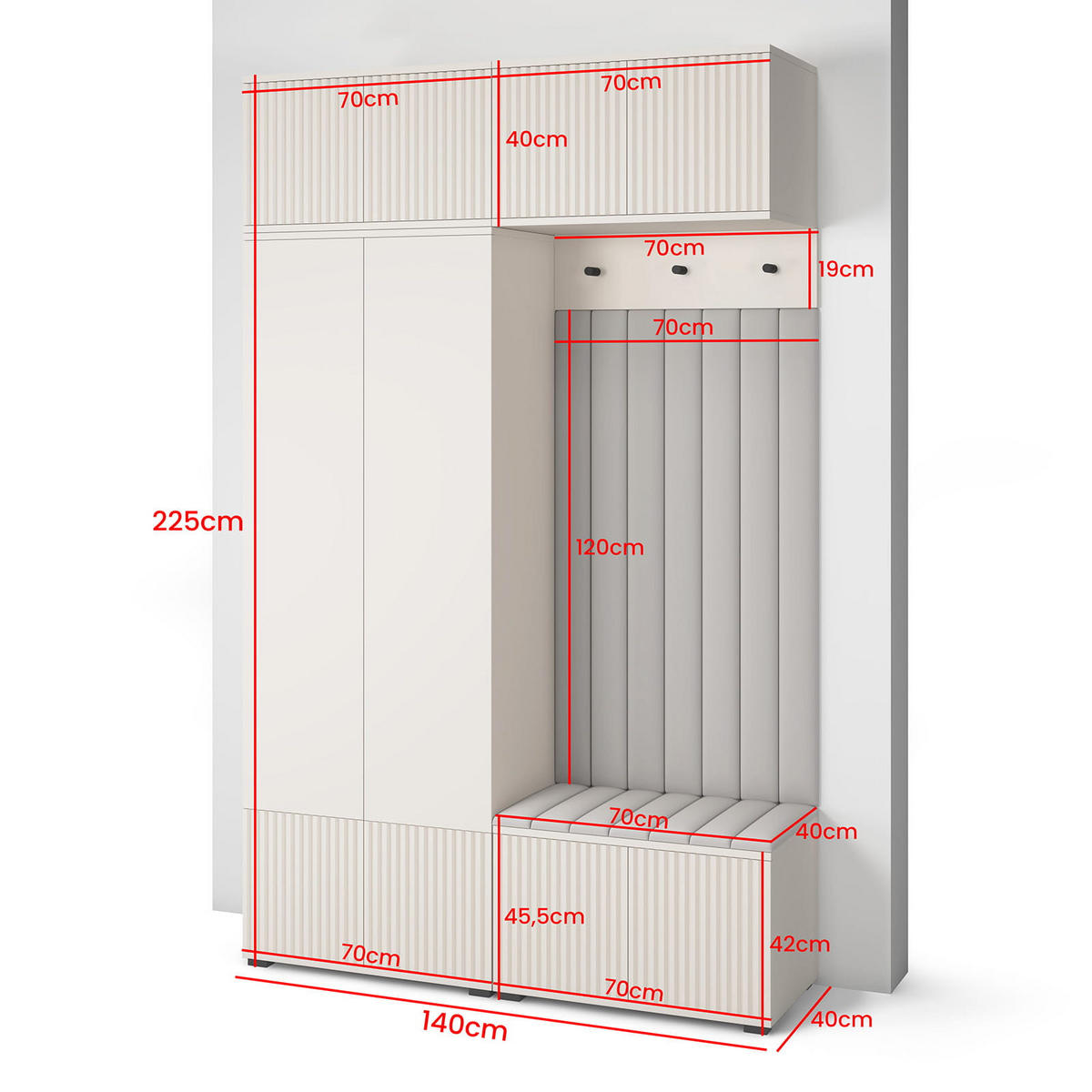 GARDEROBE Ritmo version 2 mit POLSTERPANEELEN BEIGE - Beige/Creme, Holzwerkstoff (140/225/40cm) - Jerpax