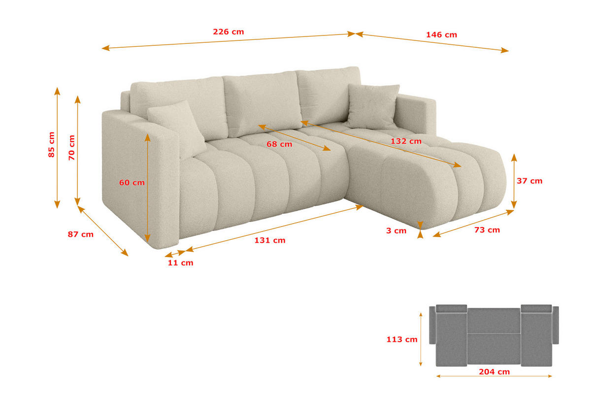 ROHOVÁ SEDAČKA s funkcí spaní, otoman vpravo GARD-L 226x146x85 béžová bouclé - černá/písková barva, kompozitní dřevo/textil (226/146cm) - ALTDECOR