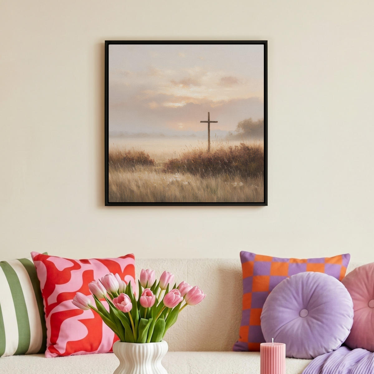 LEINWAND Bilder mit Rahmen - Gras - Morgennebel - Kreuz - Christentum - 50x50 - Beige, Textil (50/50cm) - MuchoWow