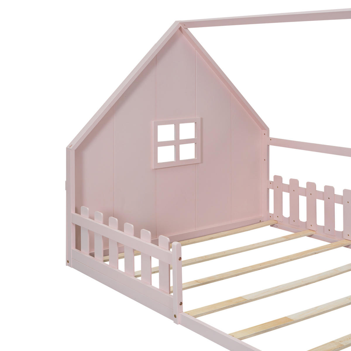 HAUSBETT 140/200 cm in Rosa – aus Kiefernholz mit Dachrahmen und Geländer - Rosa, Holz (140/200cm) - BEAOK