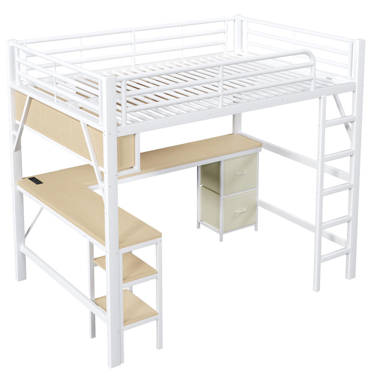 HOCHBETT aus Metall und MDF 140x200 cm Weiß mit Schreibtisch, Regal, Schrank, USB und LED-Beleuchtung - Weiß, Holzwerkstoff (140/200cm) - Modfu