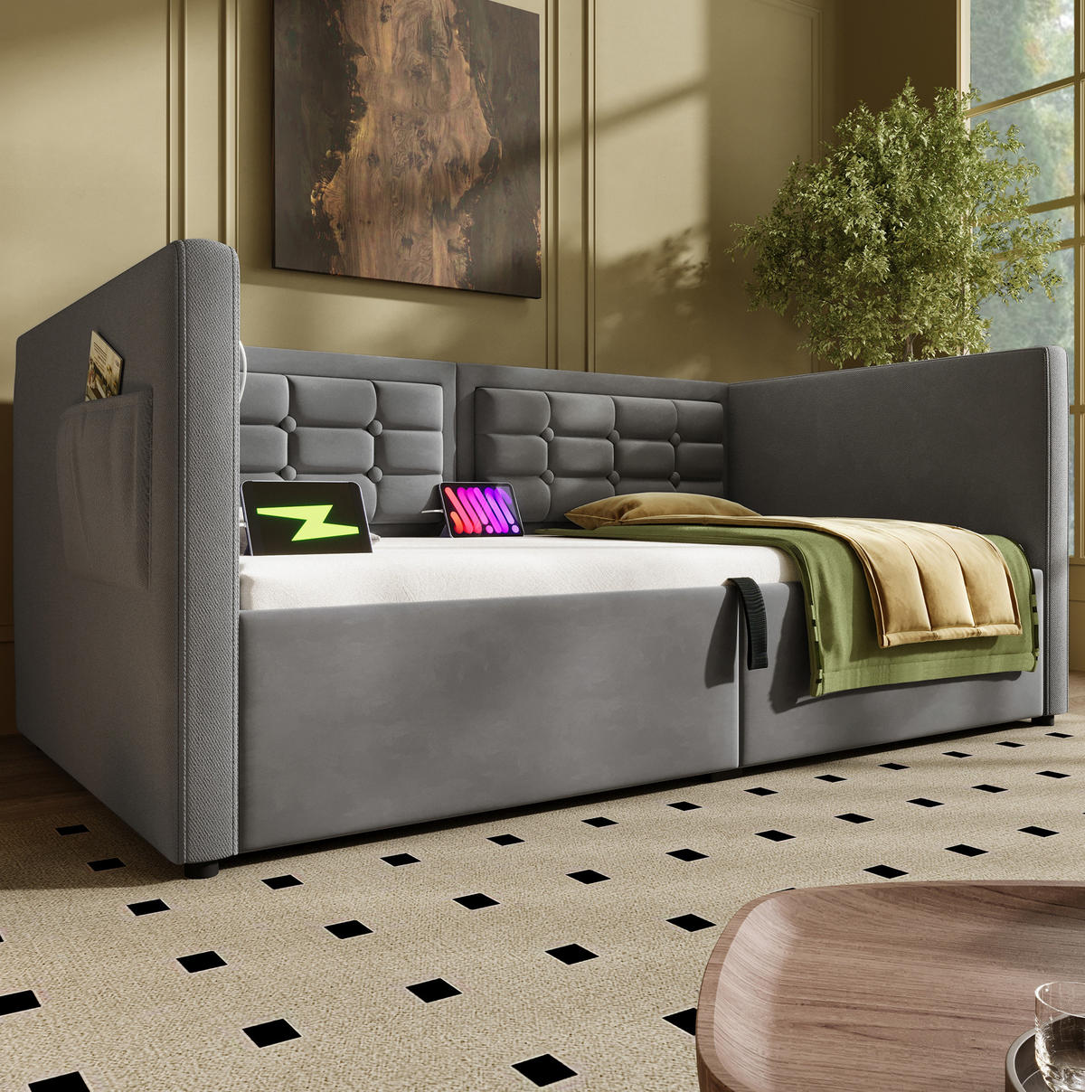 POSTEL 106/205/75 cm šedá, samet, s USB a Type-C nabíjením - šedá, textil (90/200cm) - BEAOK