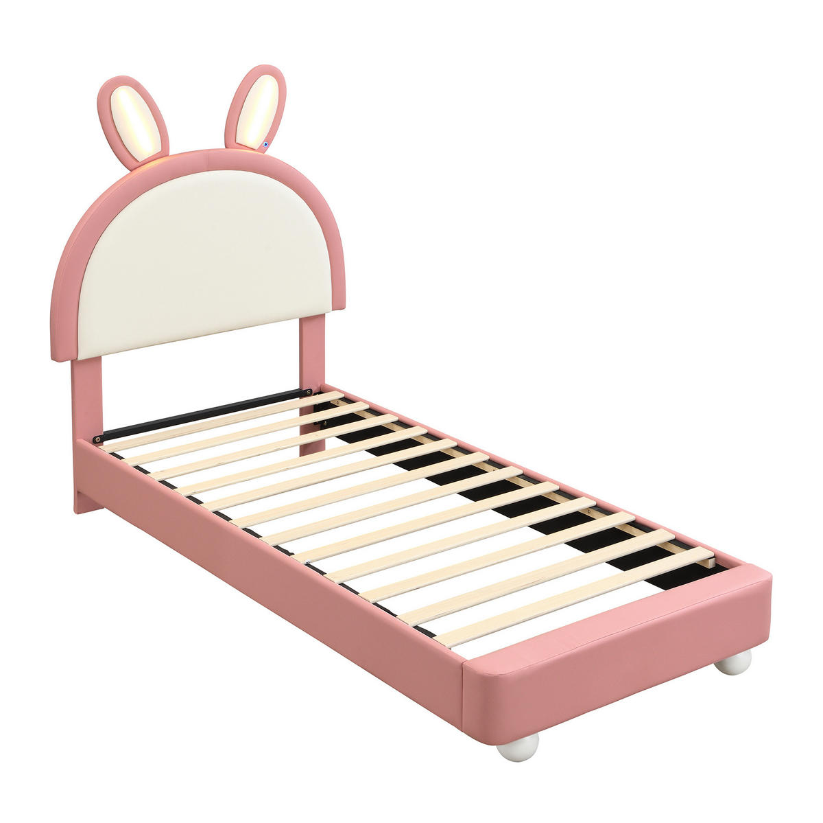 POLSTERBETT 90/200 cm Rosa+Weiß aus PU mit LED und Hasen-Kopfteil - Weiß, Kunststoff (90/200cm) - OKWISH