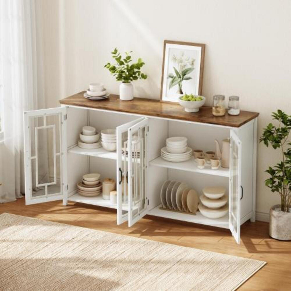 SIDEBOARD weiß aus MDF mit Retro-Holzmaserung-Platte 160 × 40 × 86 cm - Weiß, Holzwerkstoff (160/86/40cm) - Luhomfu