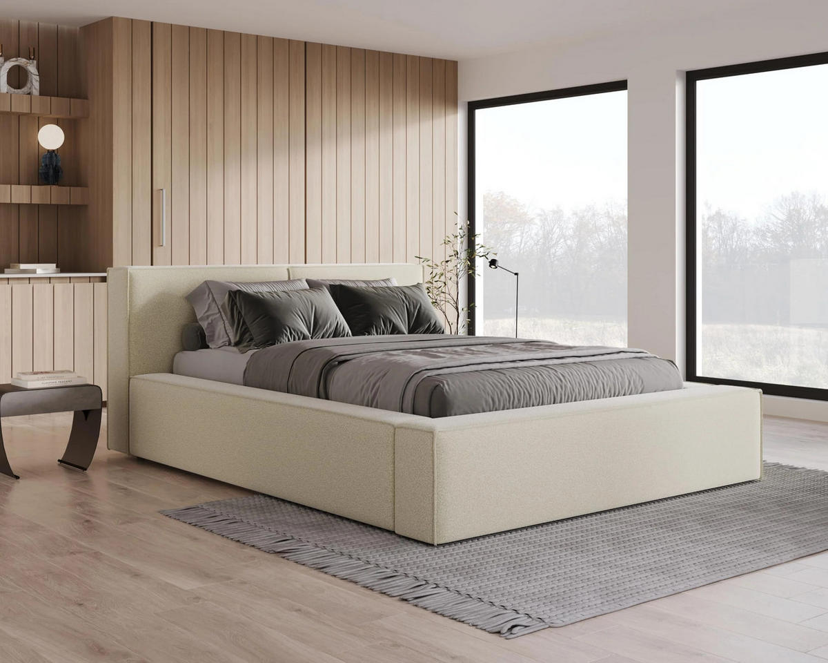 POLSTERBETT Lugano 140x200 cm mit Bettkasten und elegantem Kopfteil - Bouclé Beige - Beige, Holz (140/200cm) - Chilly