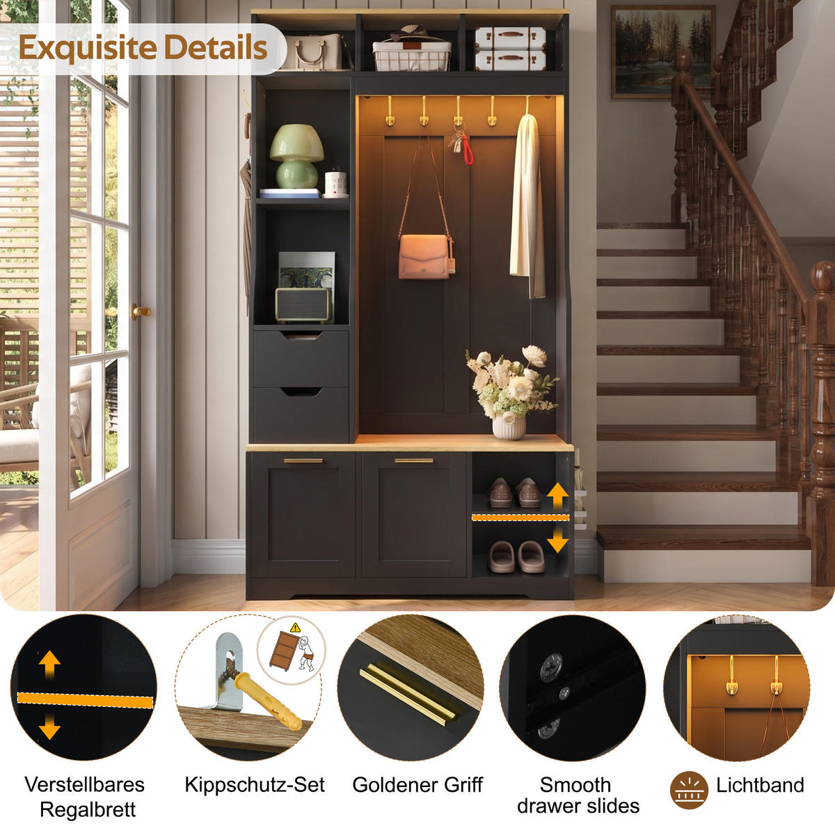 KOMPAKTGARDEROBE Schwarz Flurschrank mit Sitzbank, Schuhschrank & LED Licht - Schwarz, Holzwerkstoff (100/186/32cm) - Urban Meuble