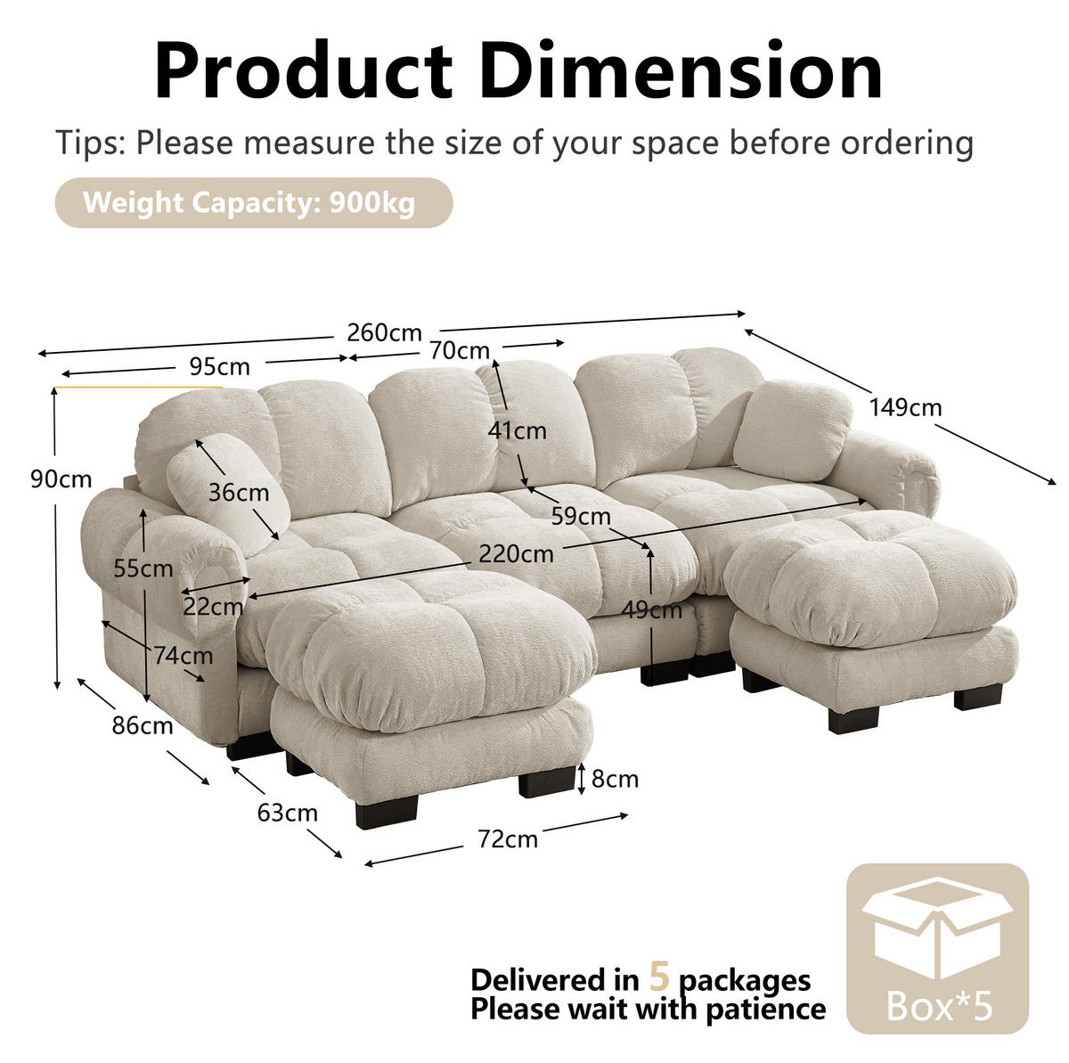 SOFA U-Form 3-Sitzer mit Steppnaht Chenille Light Khaki - Hellbraun, Holz (149/90/260.1cm) - Meubliv