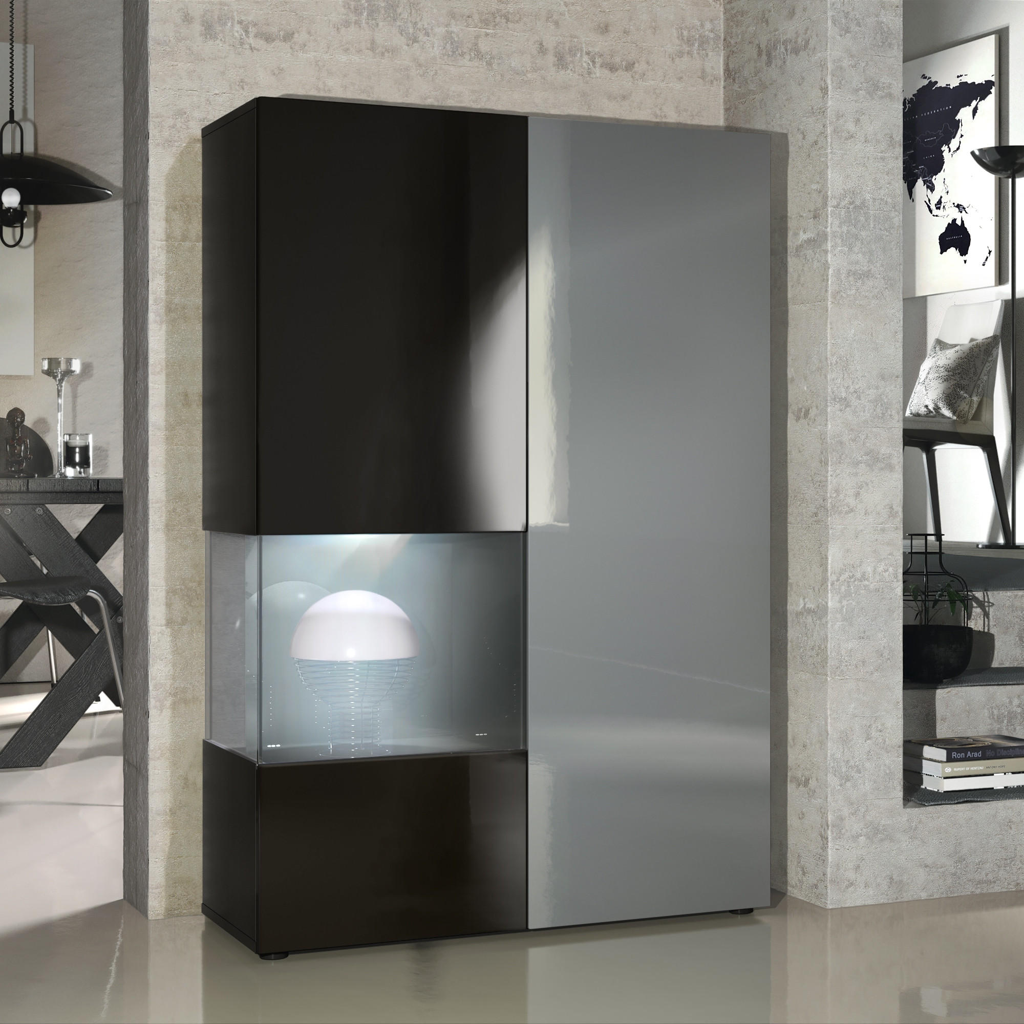 VITRINE Morena Tür und Einsatz in Grau Hochglanz - Grau, Holzwerkstoff (91.5/136.5/37cm) - Vladon