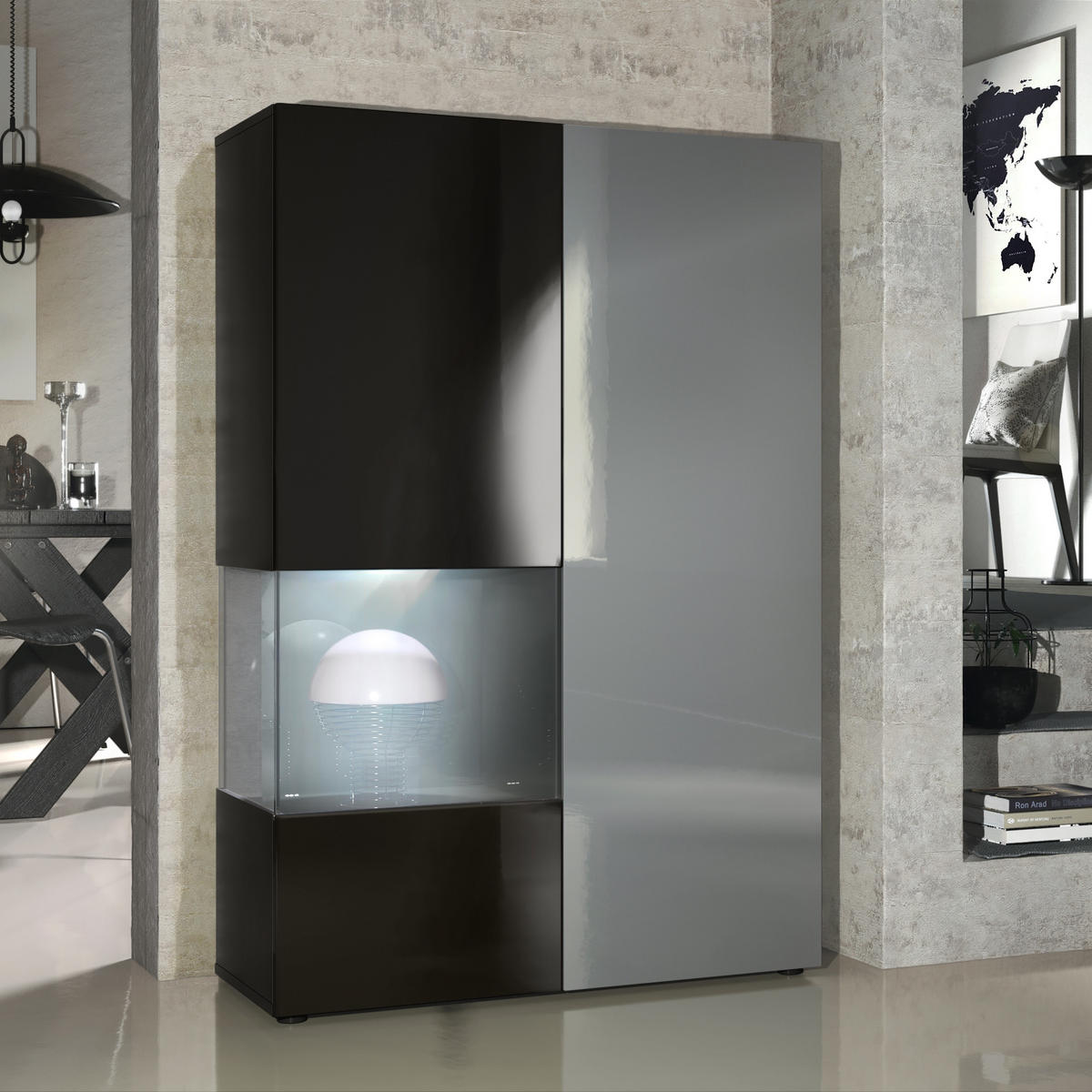 VITRINE Morena Tür und Einsatz in Grau Hochglanz - Grau, Holzwerkstoff (91.5/136.5/37cm) - Vladon