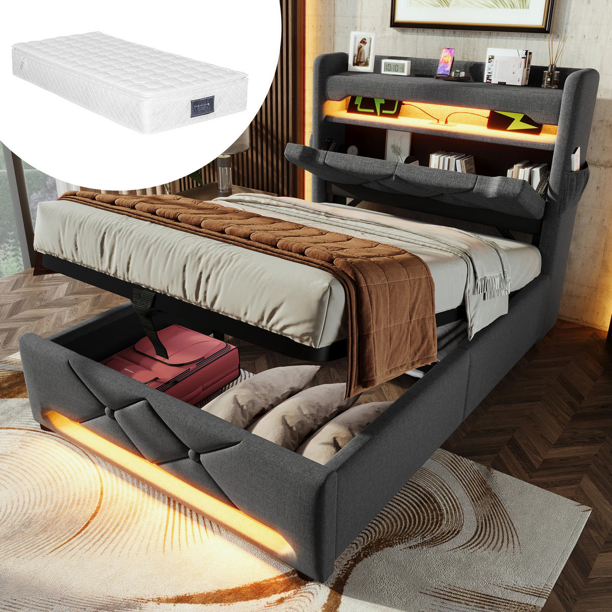 POLSTERBETT 90/200 cm in Grau mit Bettkasten, LED, USB und Type-C Leinen - Grau, Holzwerkstoff/Textil (90/200cm) - STILVORA