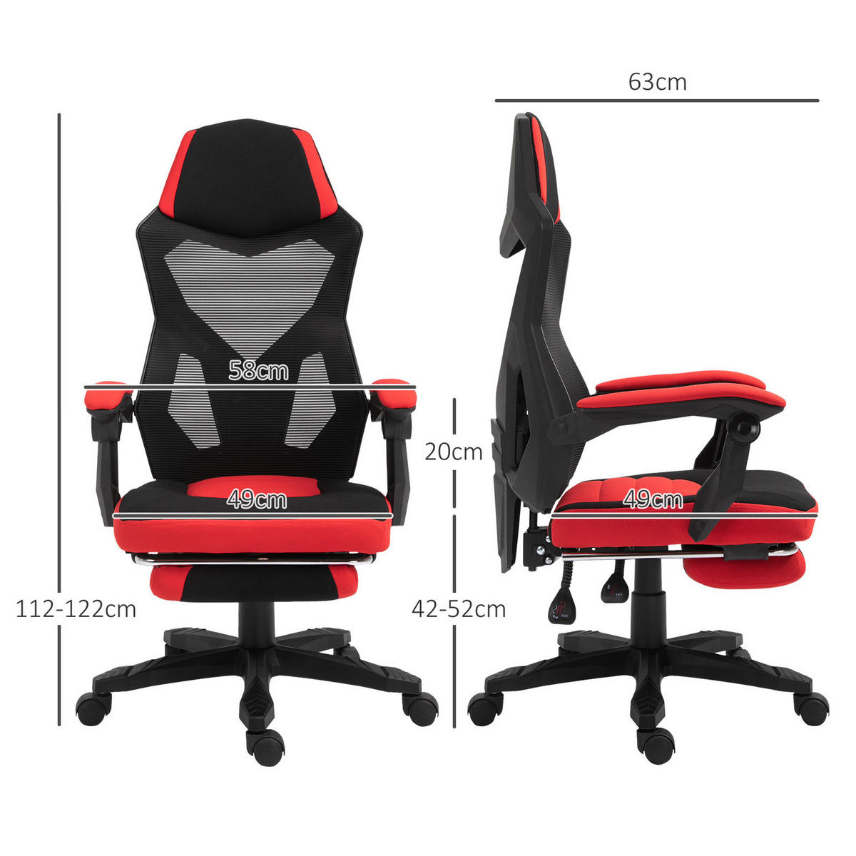 GAMING stol 63/58/112-122 cm z nastavljivo višino, naslonom do 135° in izvlečnim naslonom za noge, Črna - črna, umetna masa (63/122/58cm) - Redom
