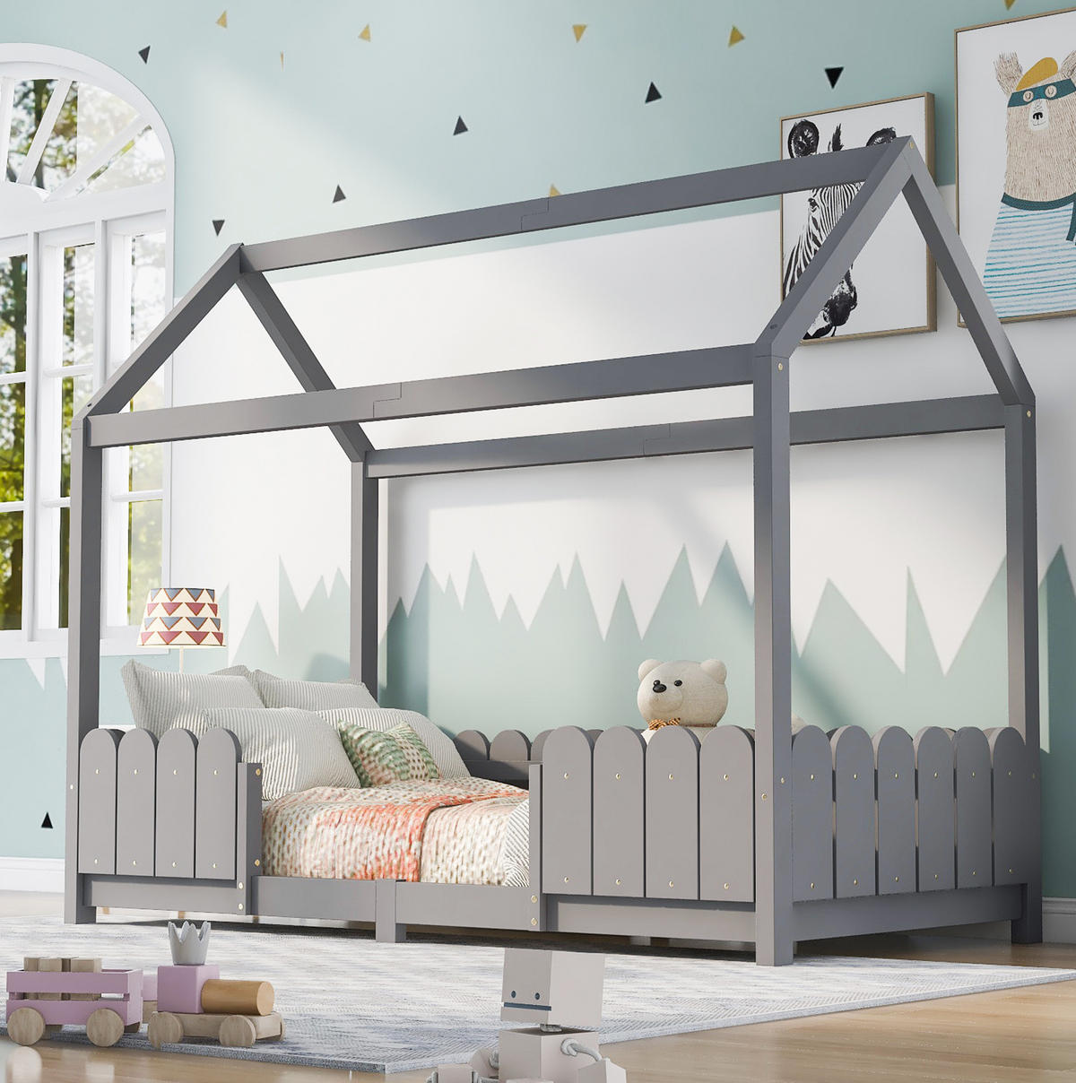 KINDERHAUSBETT 90/200 cm Grau aus Massivholz und MDF mit Rausfallschutz und Lattenrost - Grau, Holz (90/200cm) - OKMYHOME
