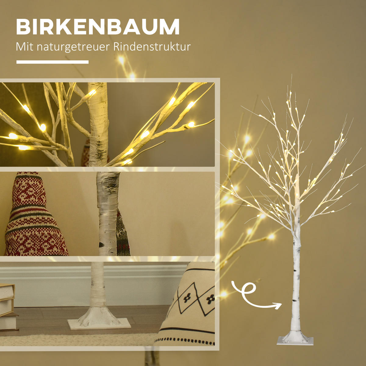120 cm Kunstbirke Kunstbaum mit LED-Beleuchtung für Weihnachten Ostern Warmweiß - Weiß, Kunststoff (17/17/120cm) - HOMCOM