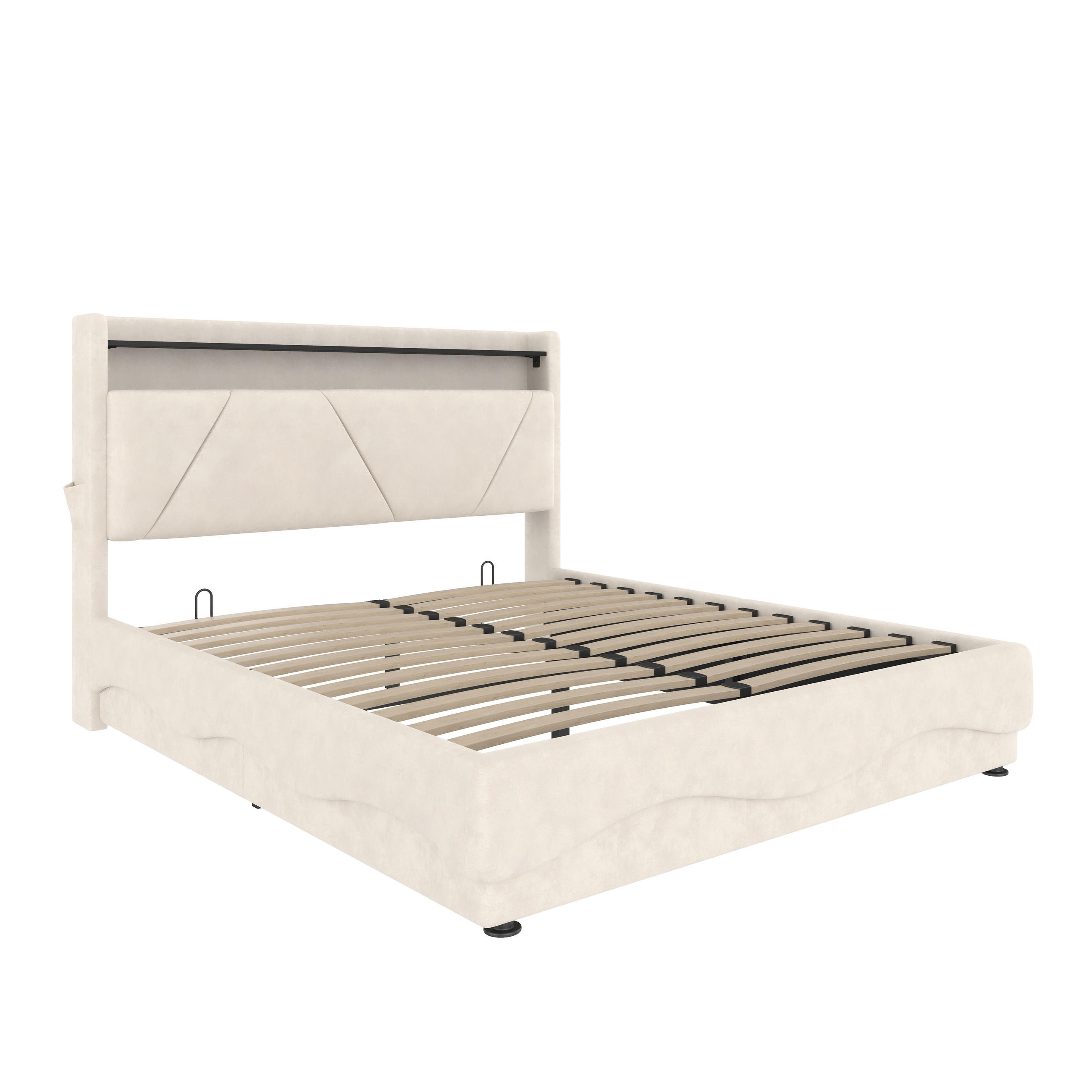 WISHDOR ČALOUNĚNÁ POSTEL 140 × 200 cm v béžovém sametu s úložným prostorem, LED osvětlením, USB, USB-C a policí