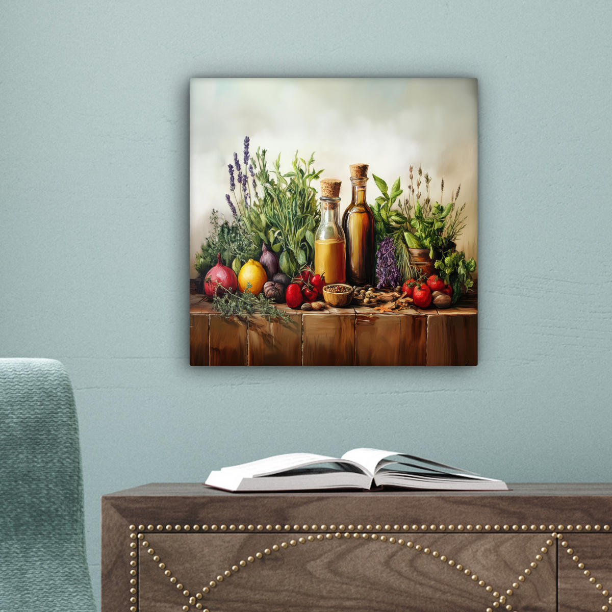 LEINWANDBILD Stilleben - Kräuter - Gewürze - Früchte - Farbenfroh Deko Wohnzimmer 20x20 cm - Grün, Textil (20/20cm) - MuchoWow