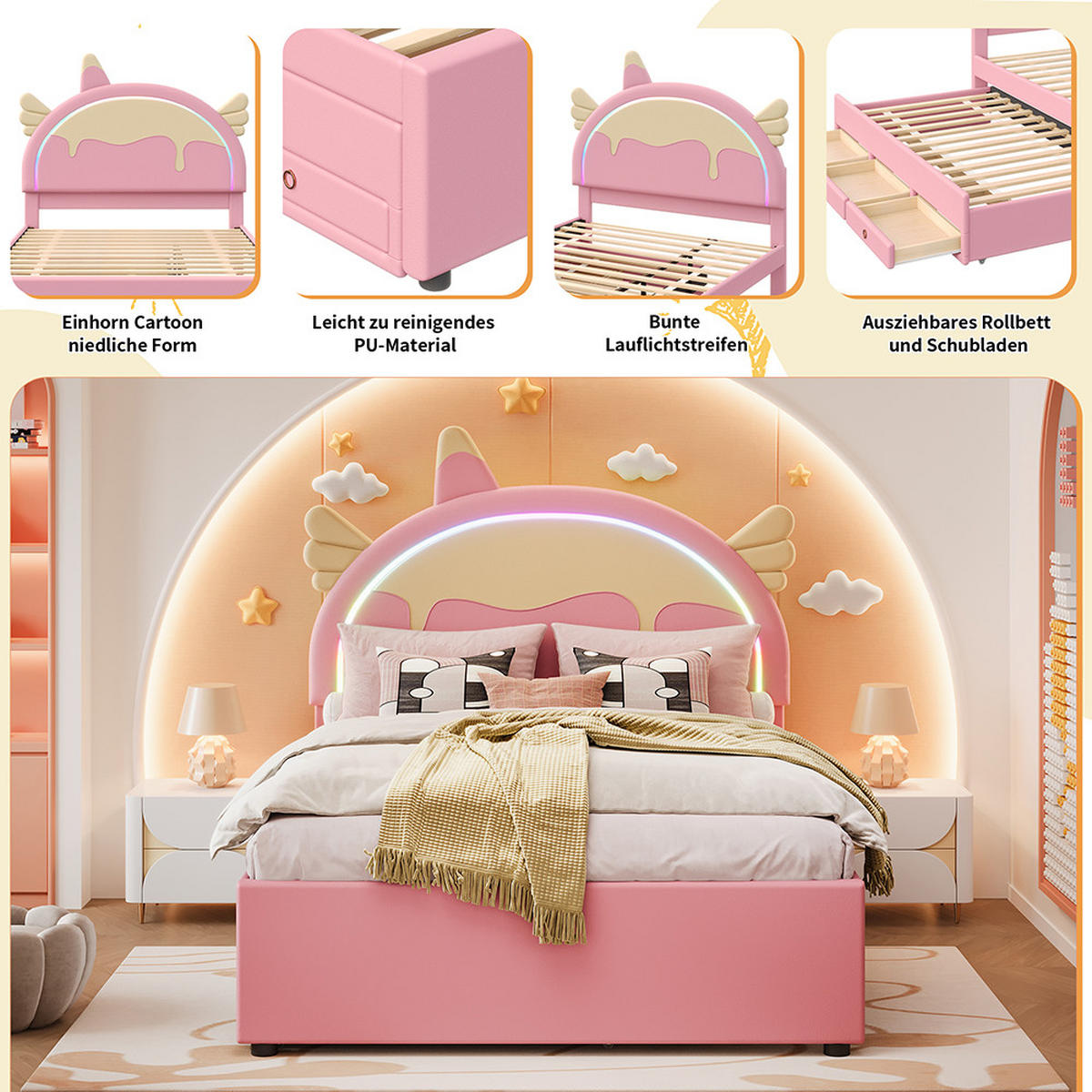 KINDERBETT 140/200 cm in PU Rosa mit Einhornform - Pink, Holz/Textil (140/200cm) - KOMHTOM