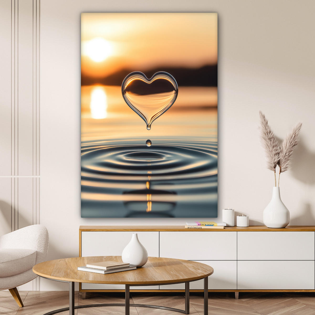 LEINWANDBILD - Herz - Wasser - Sonnenuntergang - Natur - Zen - 80x120 - Wanddeko - Bernsteinfarben, Textil (80/120cm) - MuchoWow