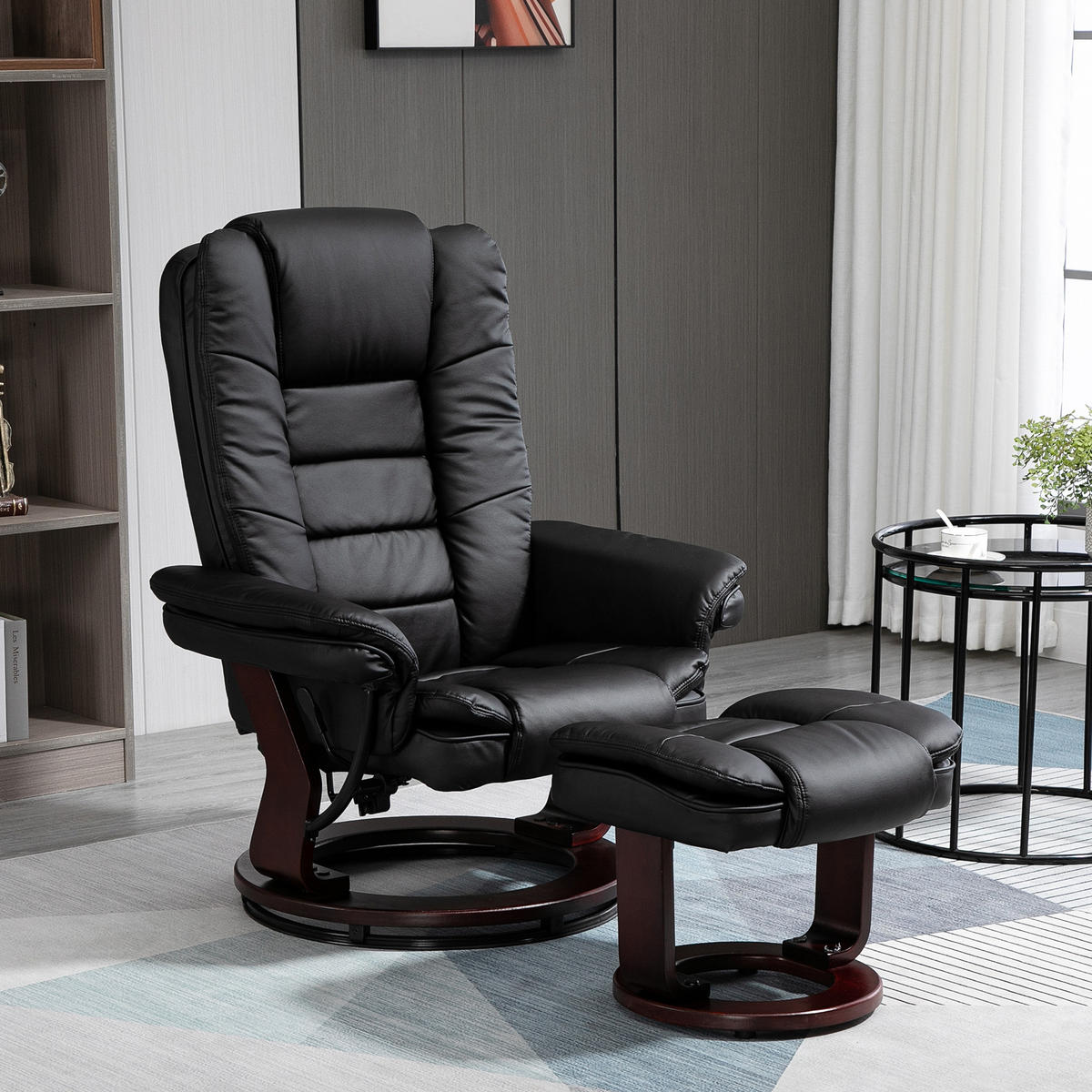 RELAXSESSEL mit Hocker 360°Drehbarer Fernsehsessel mit Liegefunktion Kunstleder - Schwarz/Braun, Leder/Holz (82/106/85cm) - HOMCOM