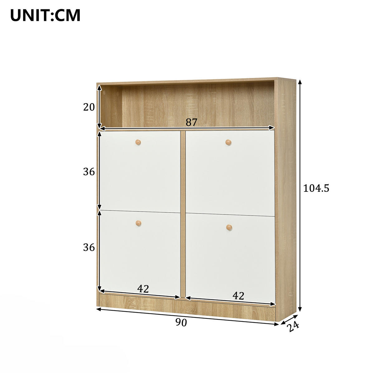 SCHUHSCHRANK 90/24/104,5 cm weiß/natur aus Spanplatte mit 4 Klappen - Naturfarben, Holzwerkstoff (90/104.5/24cm) - OKWISH