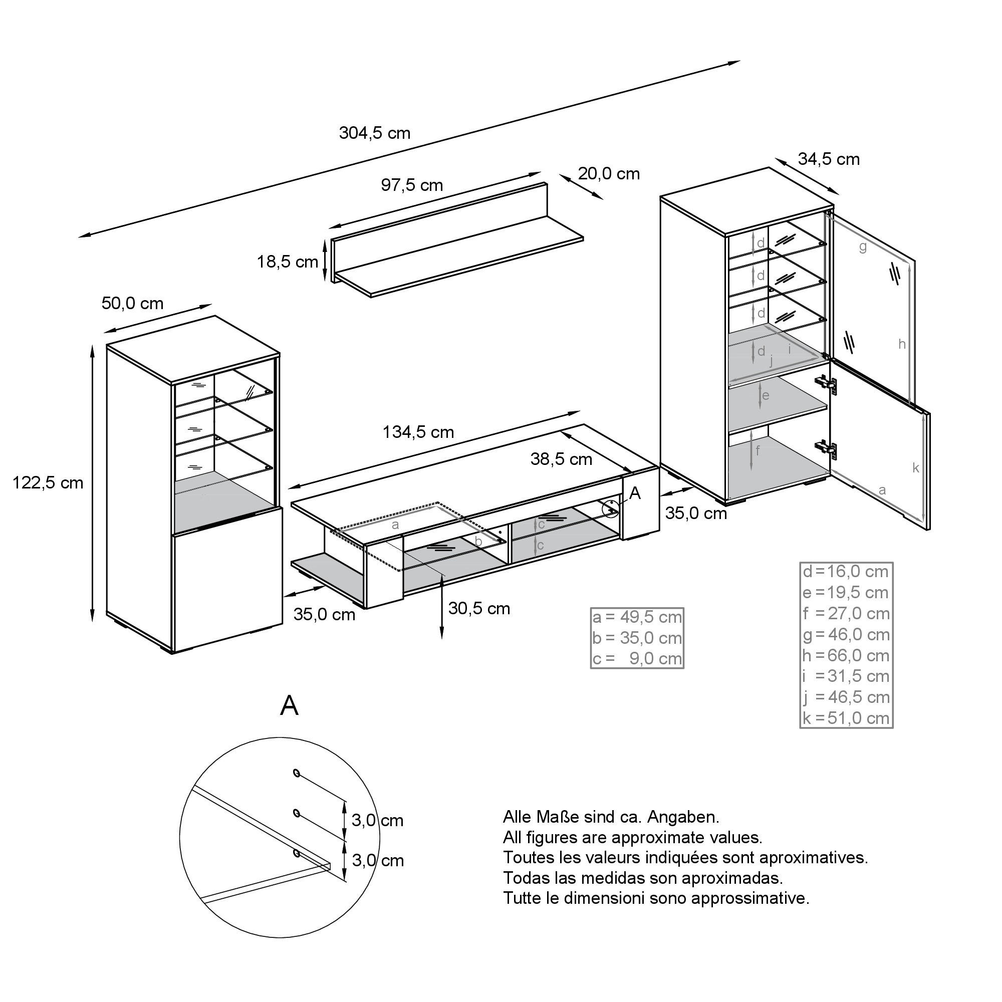 Thumbnail - Vladon Wohnwand, Schwarz Hochglanz, Holzwerkstoff, 304.5x141x39 cm, Wohnzimmer, Wohnwände, Anbauwände