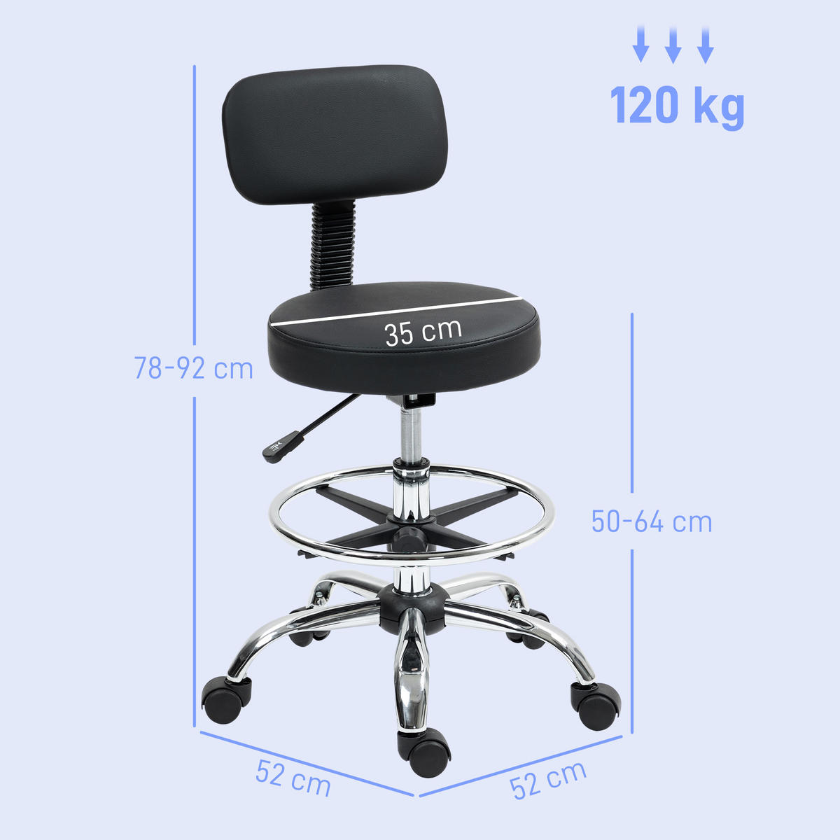 BÜROSTUHL Ergonomischer Zeichenstuhl, Höhenverstellbar Computerstuhl mit Fußring - Schwarz, Kunststoff (52/92/52cm) - HOMCOM
