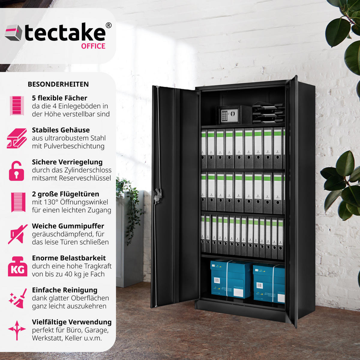AKTENSCHRANK Blain,180 x 80 x 40 cm,schwarz - Schwarz, Metall (40/180/80cm) - tectake