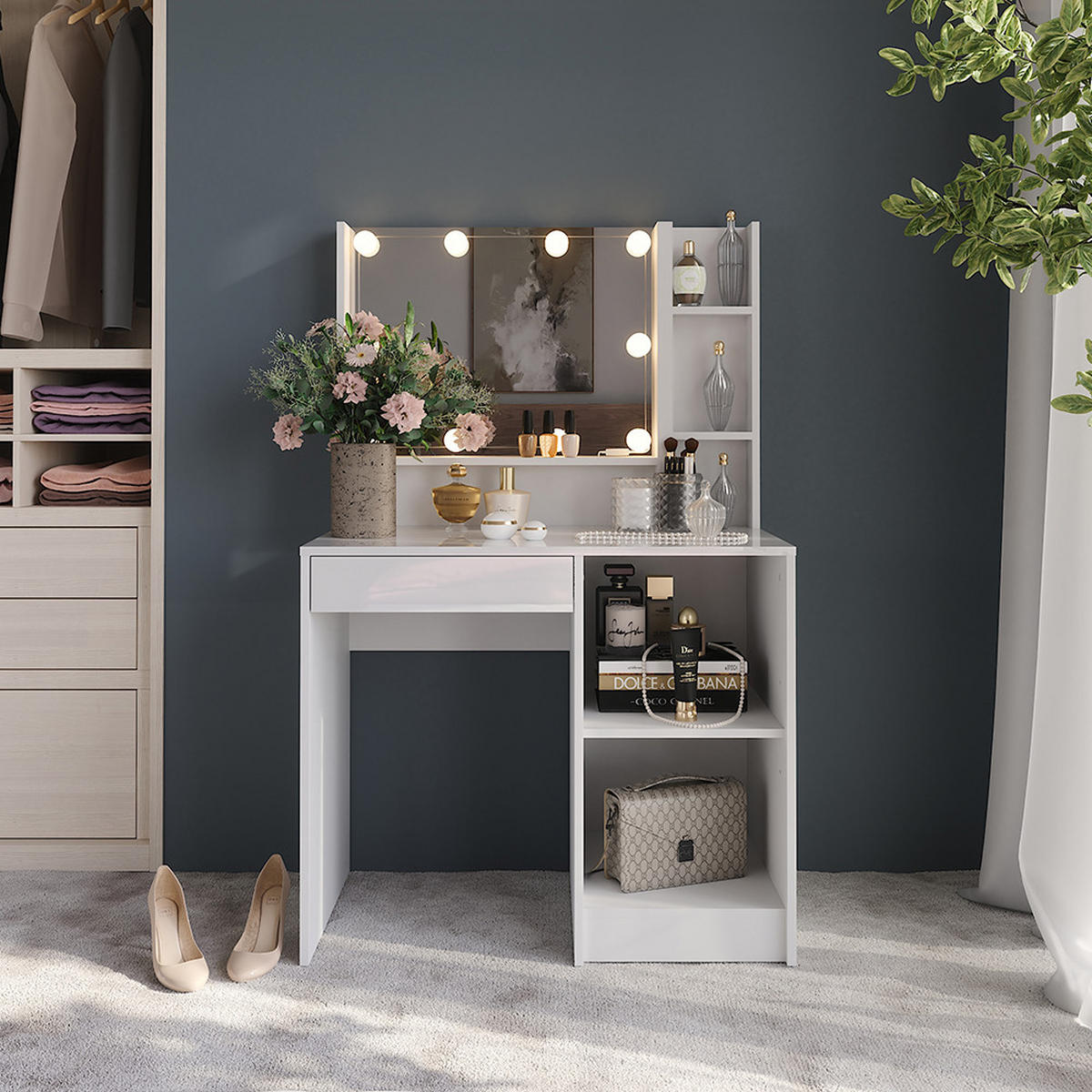 SCHMINKTISCH Sherry Weiß/Weiß Hochglanz 89.8 cm 4 Teile - Weiß Hochglanz, Holzwerkstoff (89.8/76/50.1cm) - Vicco