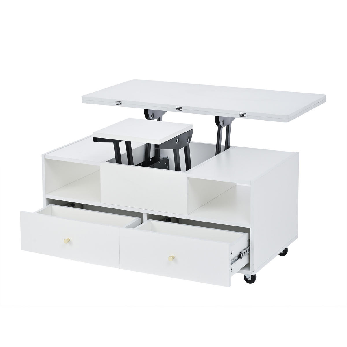 COUCHTISCH DE-37099 höhenverstellbar mit Klappfunktion und 4 Schubladen Weiß - Weiß, Holzwerkstoff (100/50/47.5cm) - ComfortXL