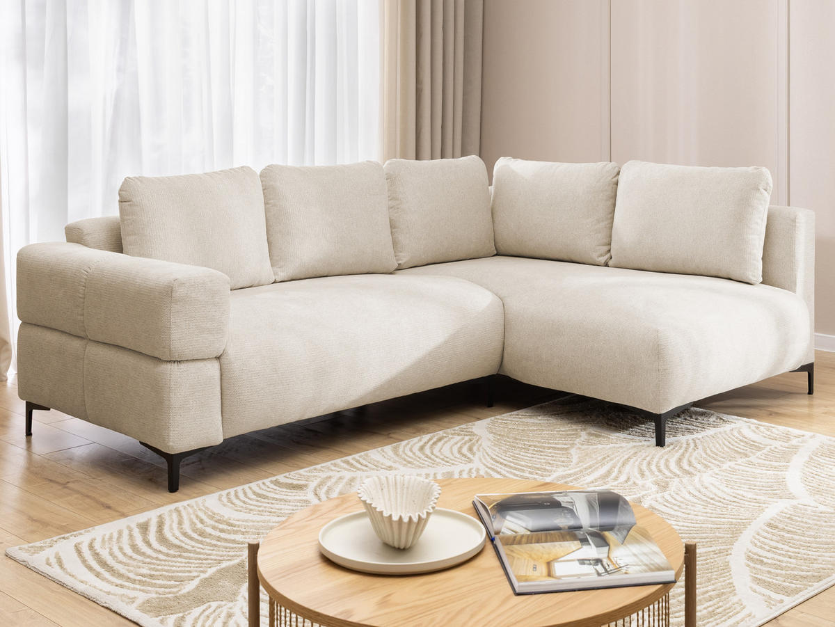 ECKSOFA Cardea in Bubble-Optik aus weichem Hellbeige Strukturstoff mit hohem Sitzkomfort - Ottomane rechts - Beige/Schwarz, Holz/Textil (230/170cm) - S-Style Möbel