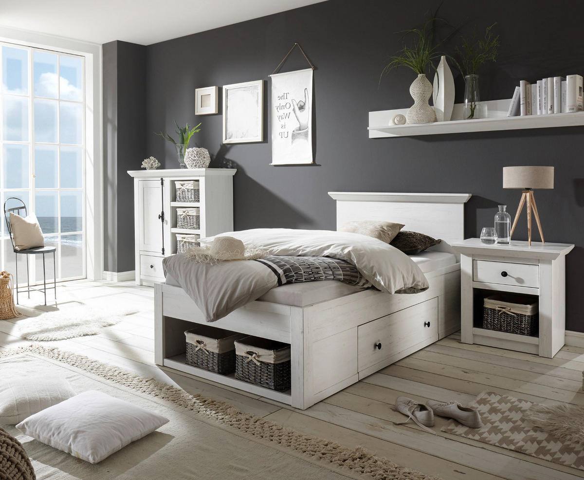 BETT Pinie weiß Liegefläche 90 x 200 cm, Stauraumbett mit Bettschubkasten - Schwarz/Weiß, Holzwerkstoff/Kunststoff (90/200cm) - Furn.Design