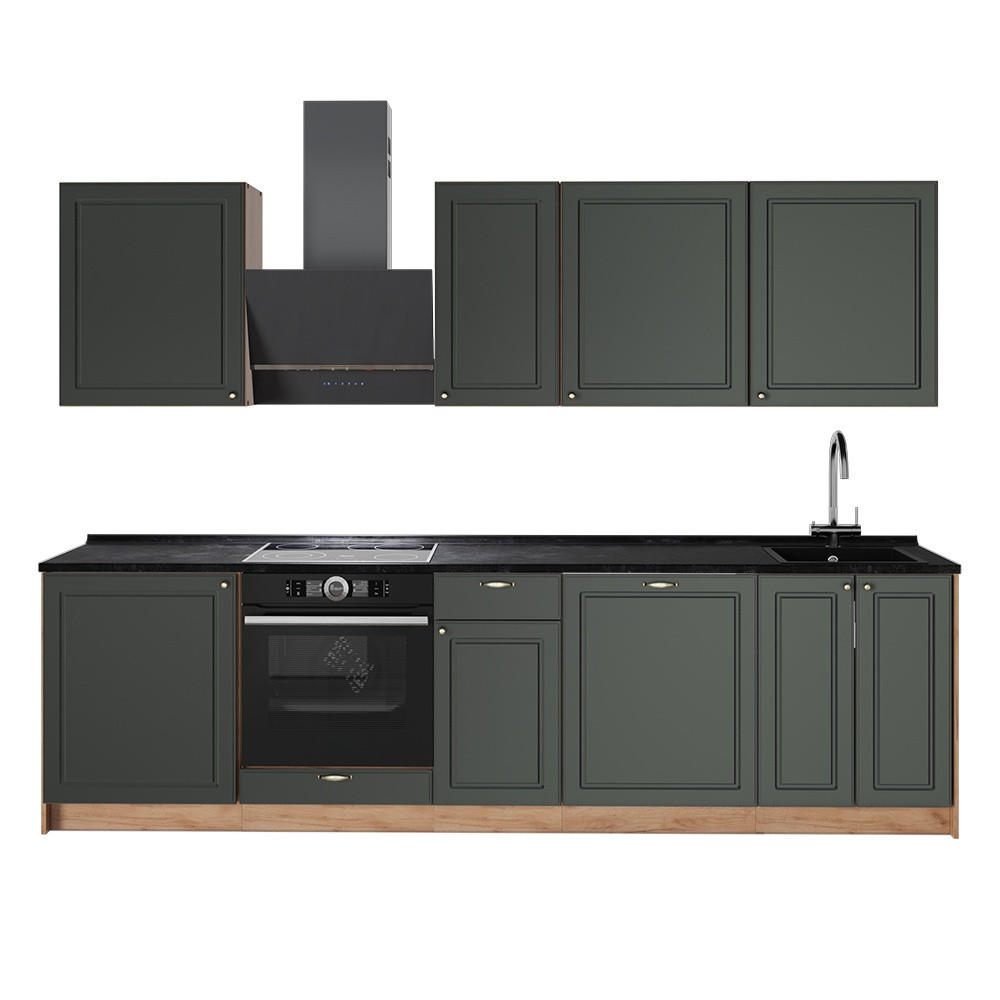 KÖK Fame-Line, Grönt och guld lanthus/Goldkraft ek, 280 cm utan bänkskiva - Grön/Honungsek, Träbaserade material (280/206.8/51.6cm) - Vicco