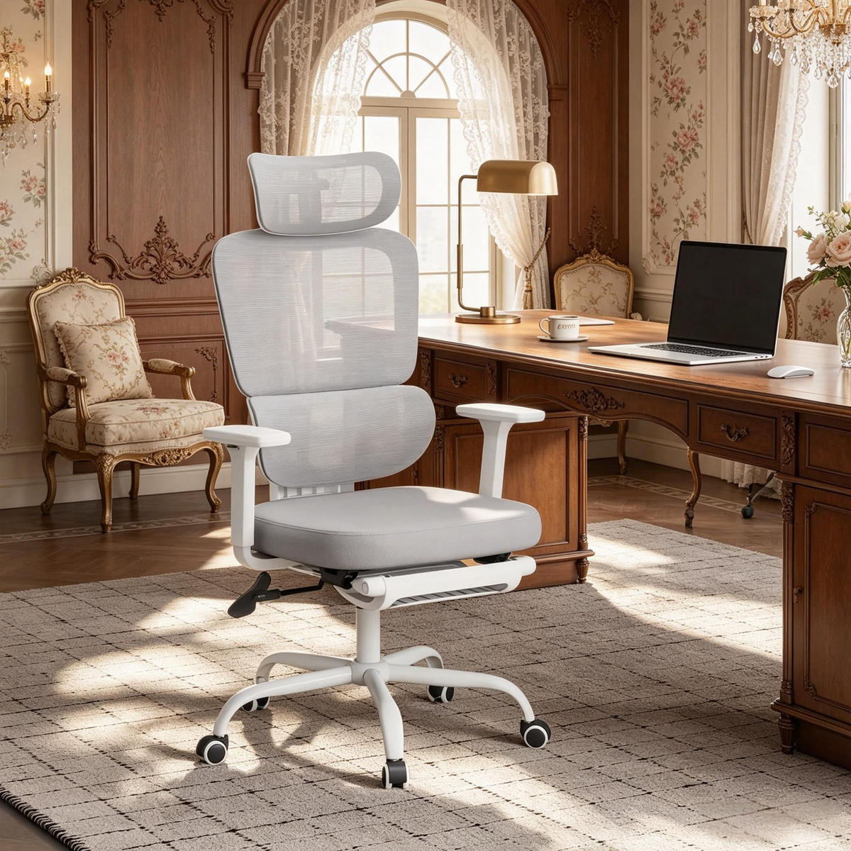 DREHSTUHL ergonomisch mit Fußstütze und 150 kg Tragfähigkeit - Grau, Leder (53/120/71.5cm) - Gisaae