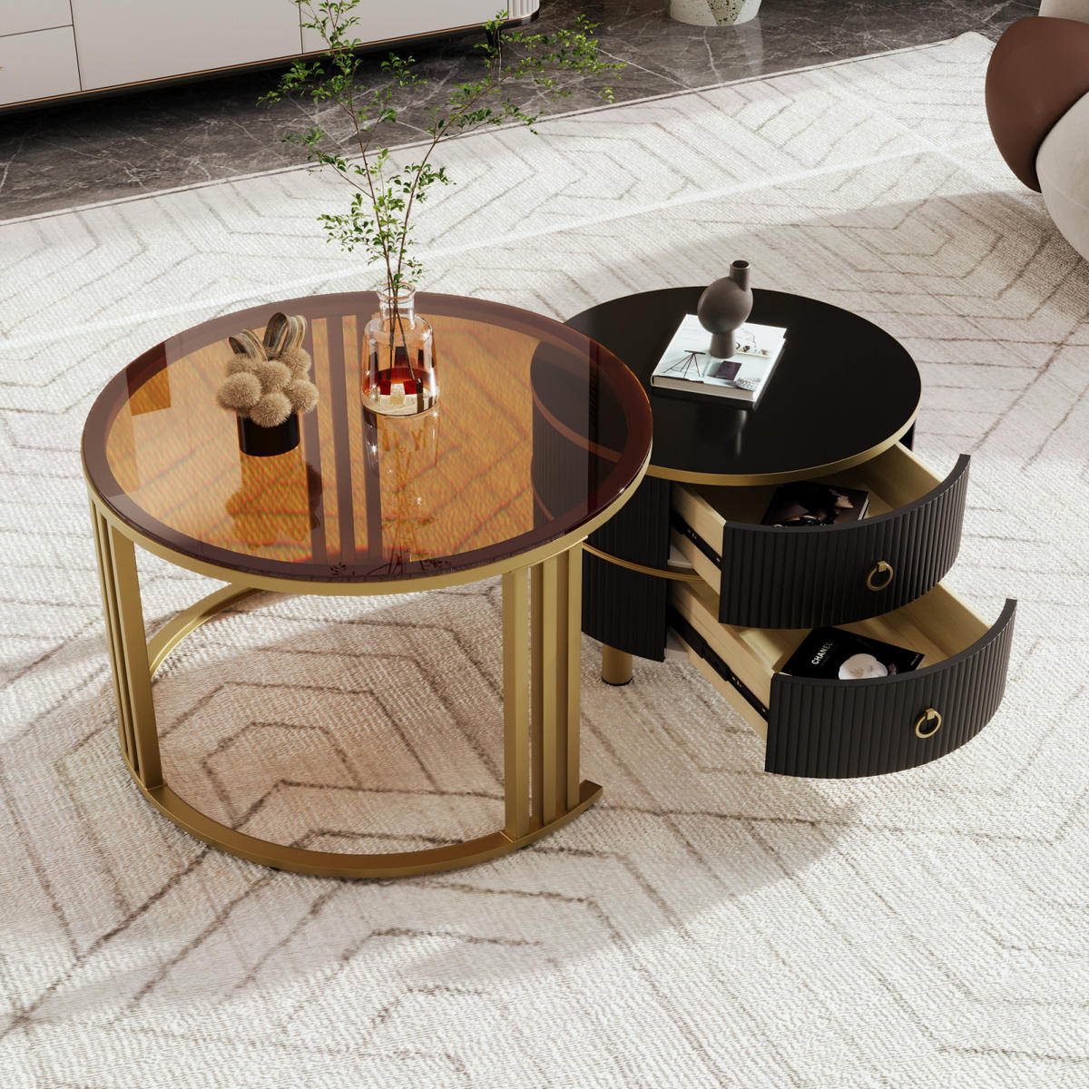 COUCHTISCH Schwarz mit Glasplatte und 2 Schubladen, rund - Schwarz, Metall (70/70/46cm)