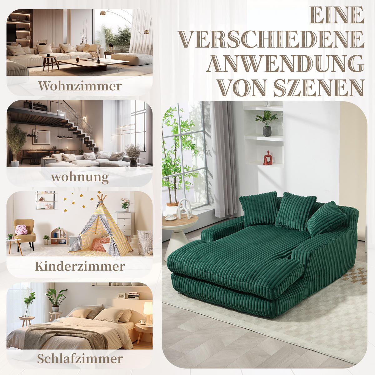 BIGSOFA 125/155/63 cm in Cord Smaragdgrün – bodennahe Chaiselongue mit 3 Kissen - Smaragdgrün, Textil (63/125/155cm) - BEAOK