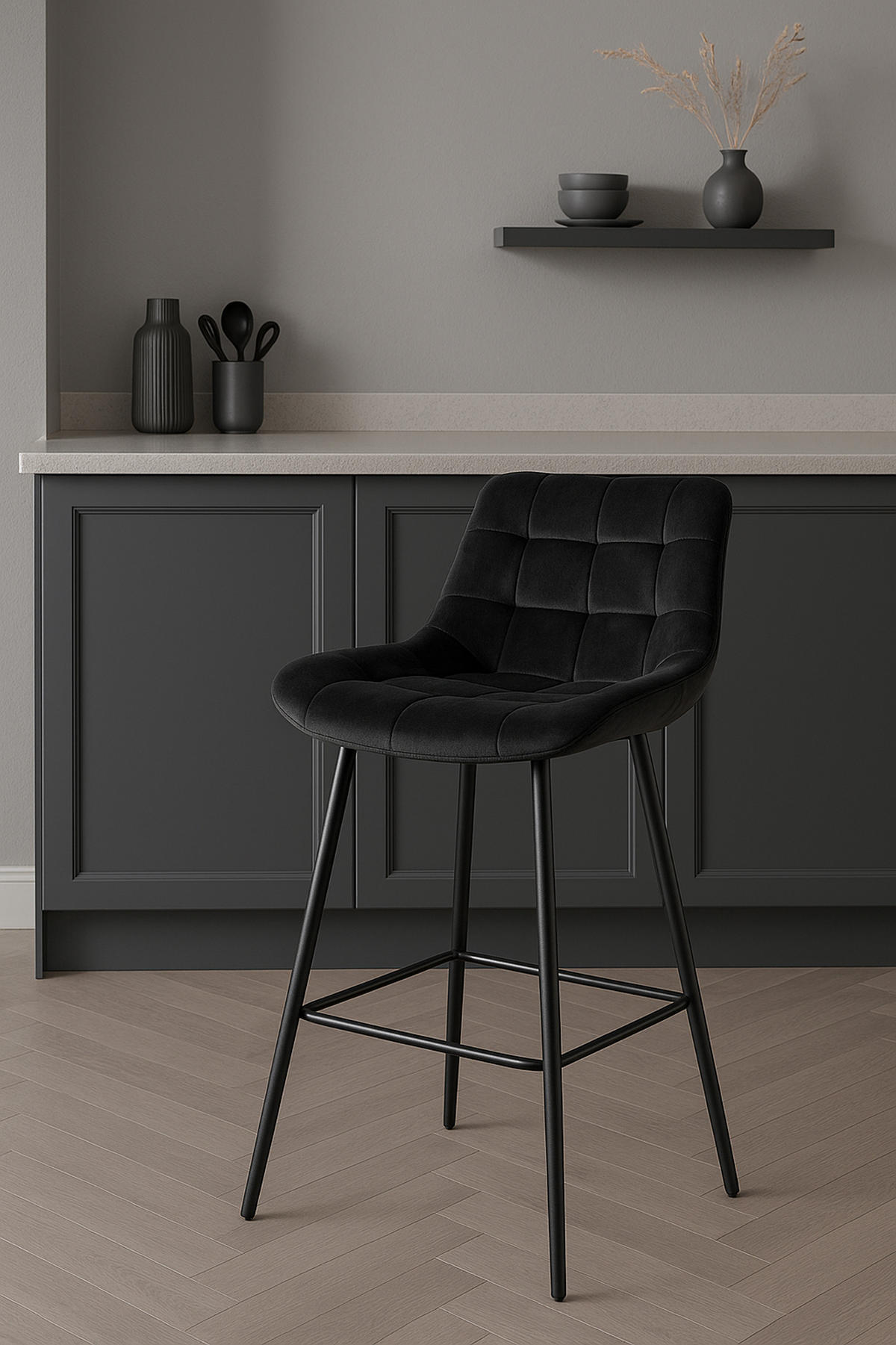 BARHOCKER Welton Samt schwarz - Schwarz, Textil/Metall (49/104/56cm) - TPFLiving