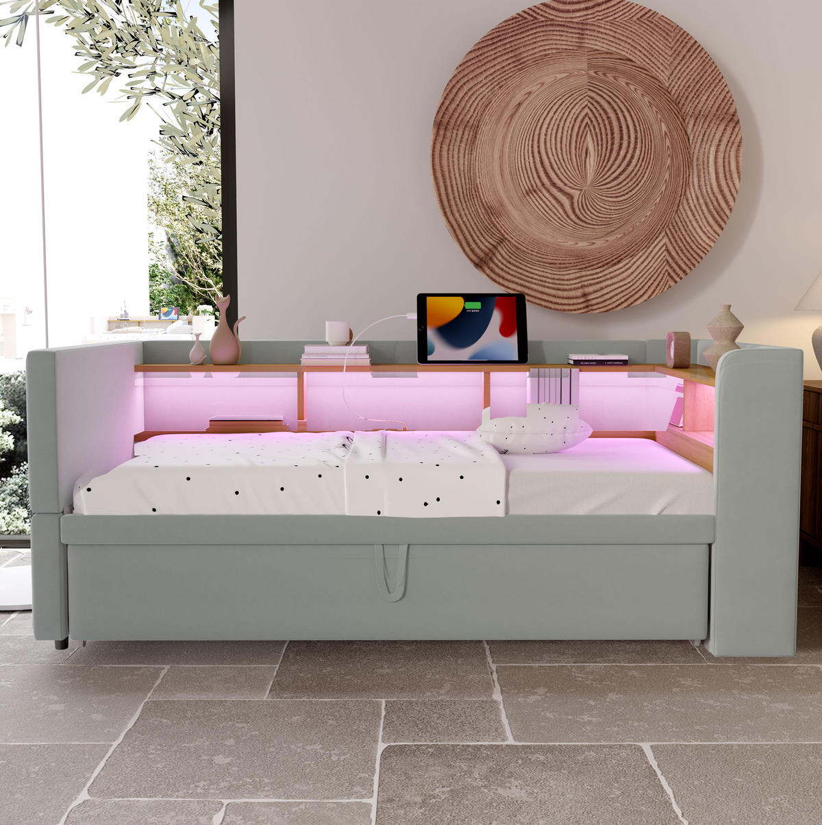 ČALÚNENÁ posteľ z flanelu, 90/180x190 cm svetlosivá, s LED, zásuvkami a úložnými priehradkami - svetlosivá, textil (90/190cm) - BEAOK