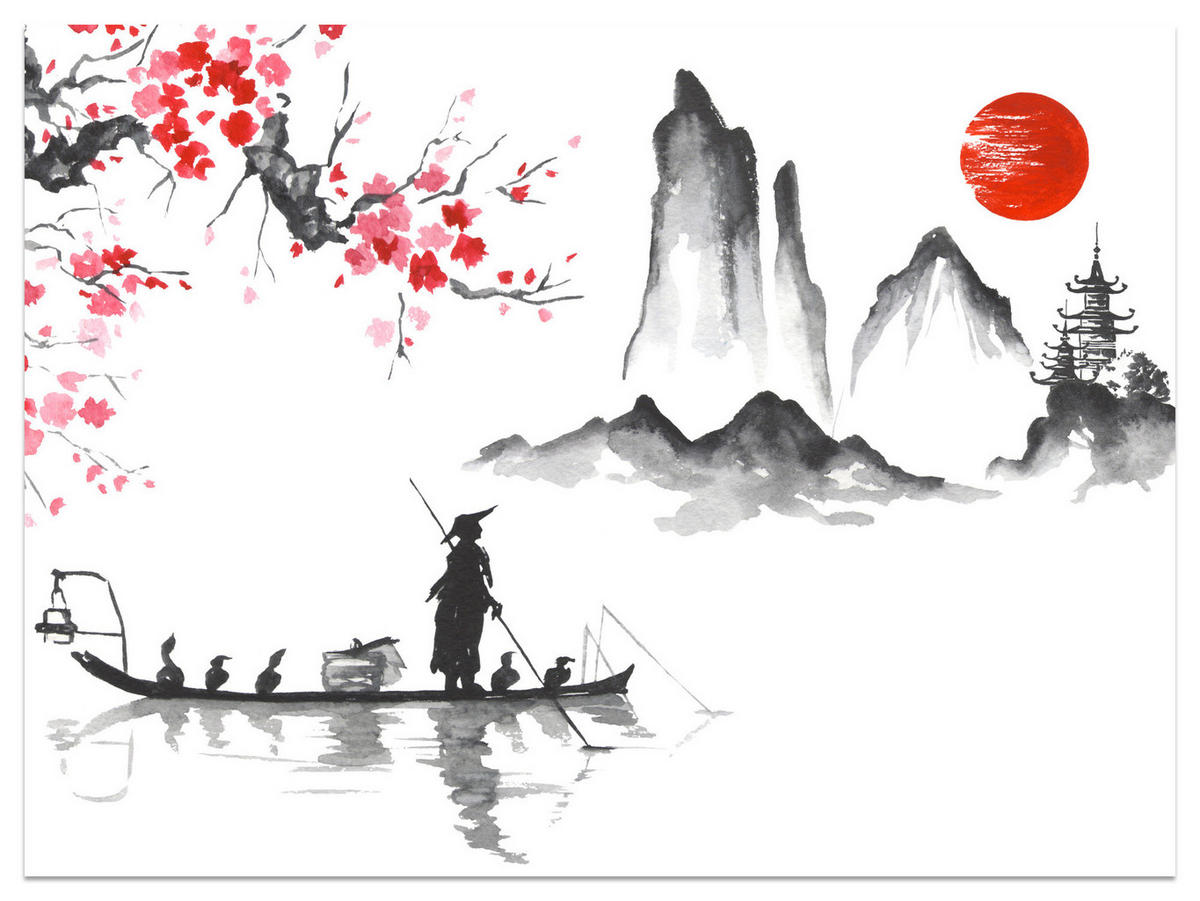 FOTOTAPETE Japanische Landschaft Aquarell 150x105 - Rot/Schwarz, Papier (150/105cm) - Muralo